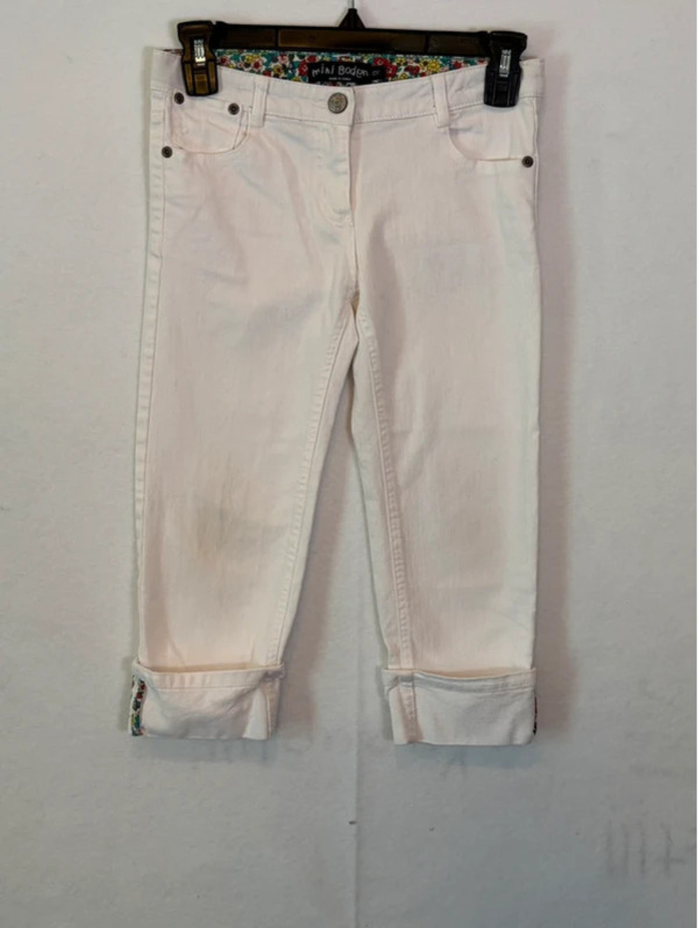 Mini Boden Girls White Cropped Jeans Pants Size 10Y Floral Cuff